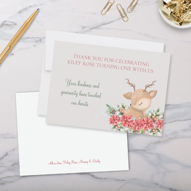 Tarjeta De Agradecimiento Partido de cumpleaños de los venados de Poinsettia (Festive red and green christmas themed little deer birthday party for kids thank you cards)