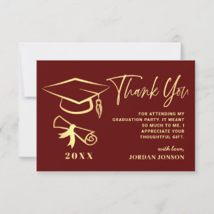 Tarjeta De Agradecimiento Partido de Graduación Moderna de Borgoña Dorada