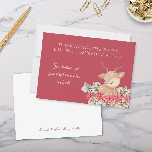 Tarjeta De Agradecimiento Partido del Cumpleaños de los Navidades Rojos Poin (Red Poinsettia and Little Deer Theme Christmas Winter Birthday Party Personalized Thank You Cards)