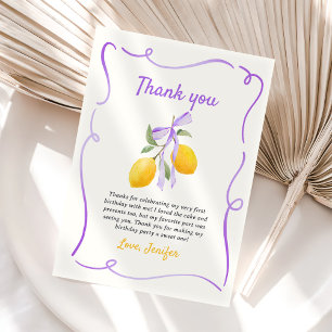 Tarjeta De Agradecimiento Partido del Primer Cumpleaños de Lemon Purple Bow