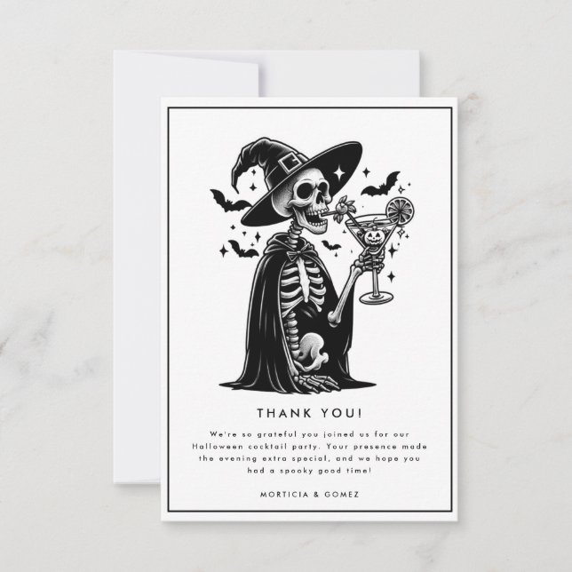 Tarjeta De Agradecimiento Partido Halloween del Skeleton Blanco y Negro (Anverso)