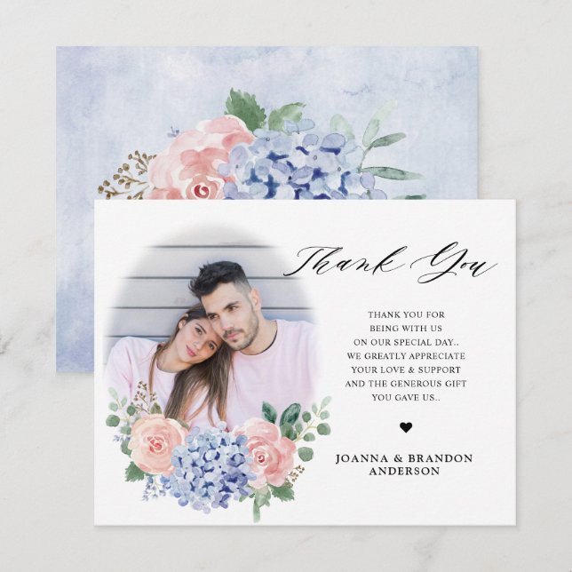 Tarjeta De Agradecimiento Pastel azul turbio Boda de hortensias rosadas (Anverso / Reverso)