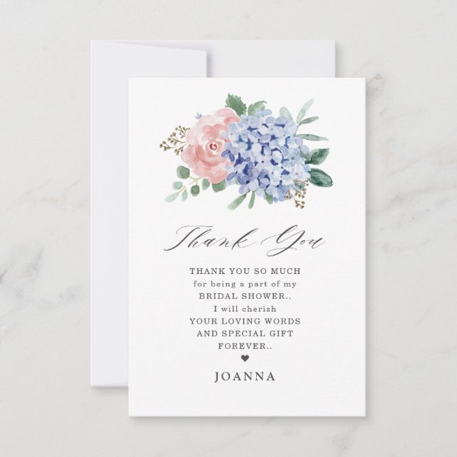 Tarjeta De Agradecimiento Pastel azul turbio Hidráneas rosas Ducha de novia (Anverso)