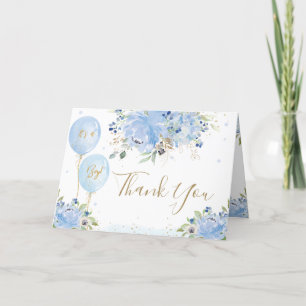 Tarjeta De Agradecimiento Pastel Blue Floral Balloons Gold Boy Baby Shower
