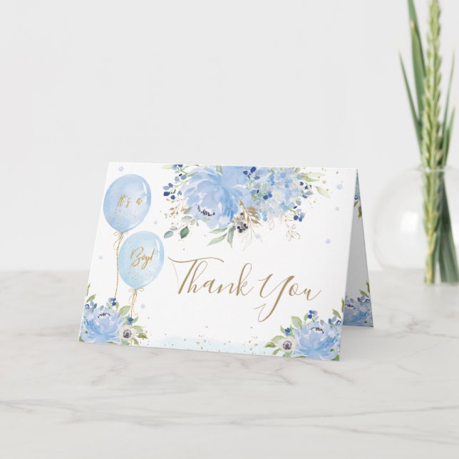 Tarjeta De Agradecimiento Pastel Blue Floral Balloons Gold Boy Baby Shower (Anverso)