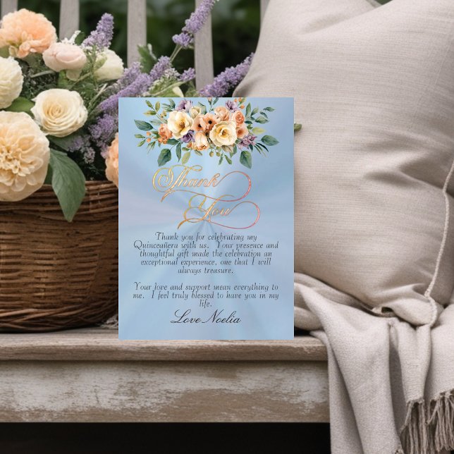 Tarjeta De Agradecimiento Pastel Blue - Floral & Silver Tiara Quinceanera (Subido por el creador)