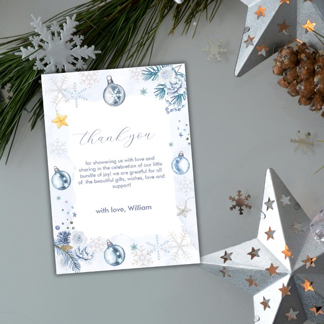 Tarjeta De Agradecimiento Pastel Blue Snowflake Floral Winter Baby Shower  (Pastel Blue Snowflake Floral Winter Baby Shower Thank You Card)