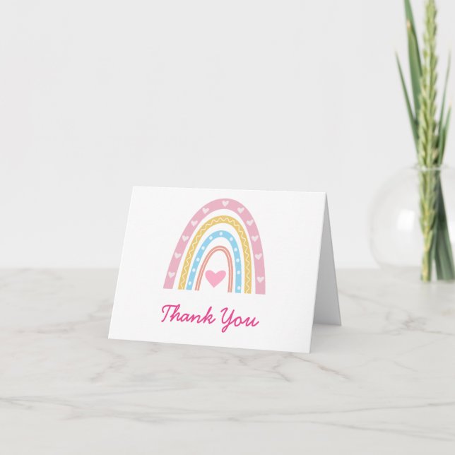 Tarjeta De Agradecimiento Pastel Boho Arcoiris con corazones fiesta de cumpl (Anverso)