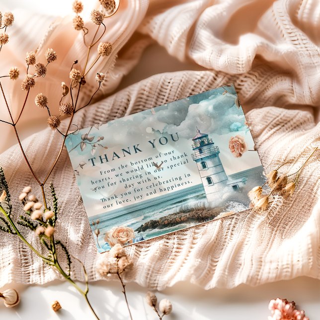 Tarjeta De Agradecimiento Pastel Coastal Lighthouse Ocean Wedding (Subido por el creador)