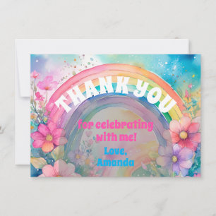 Tarjeta De Agradecimiento Pastel de arcoiris y flores Cumpleaños retro