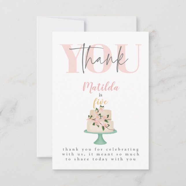 Tarjeta De Agradecimiento pastel de cumpleaños editable para fiesta (Anverso)