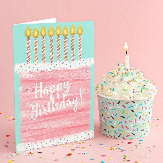 Tarjeta De Agradecimiento Pastel de cumpleaños y velas rosadas felices (Subido por el creador)
