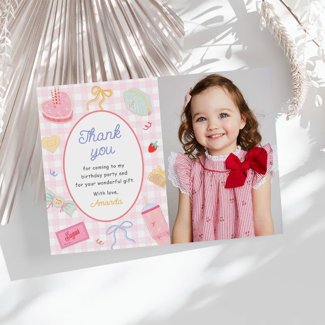 Tarjeta De Agradecimiento Pastel Hand Drawn Pretty Girl Birthday Party Photo (Subido por el creador)