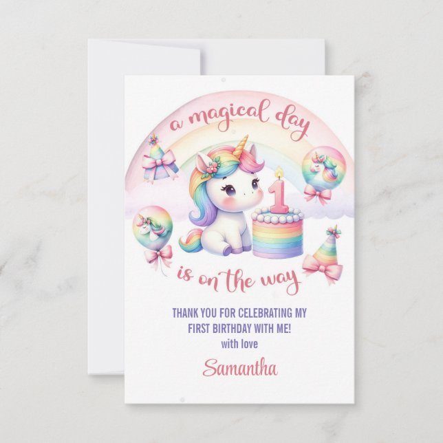 Tarjeta De Agradecimiento Pastel místico Chica Unicornio Primer Fiesta de cu (Anverso)