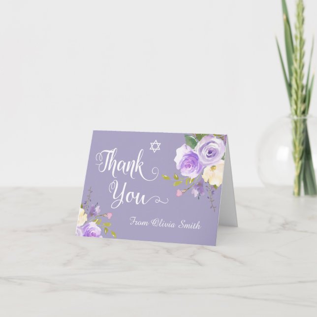 Tarjeta De Agradecimiento Pastel Morado Floral Bat Mitzvah (Anverso)