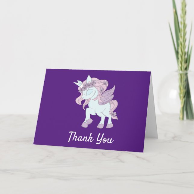 Tarjeta De Agradecimiento Pastel morado y unicornios blancos (Anverso)