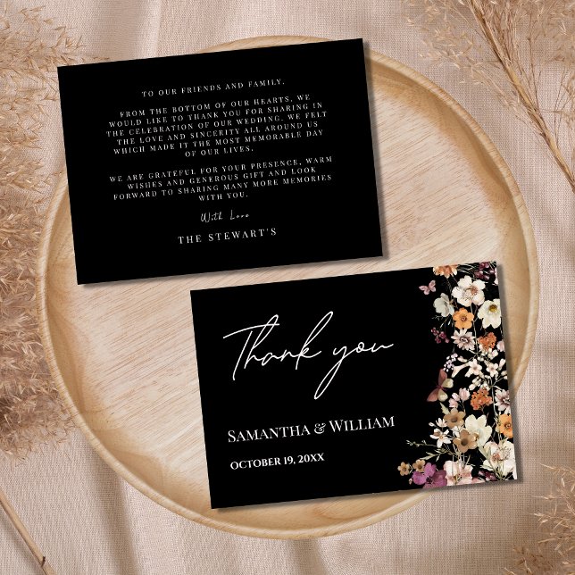 Tarjeta De Agradecimiento Pastel negro real Boho Flor silvestre Boda moderno (Subido por el creador)
