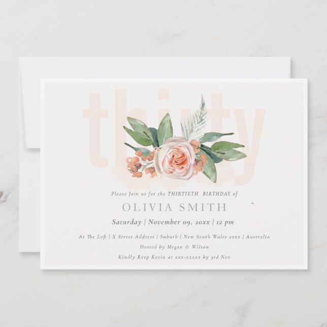 Tarjeta De Agradecimiento Pastel Peach Rosa Floral Bunch 30 Birthday Invite (Anverso)