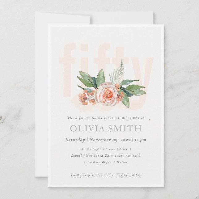 Tarjeta De Agradecimiento Pastel Peach Rosa Floral Bunch 50 Birthday Invite (Anverso)