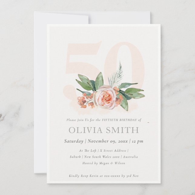 Tarjeta De Agradecimiento Pastel Peach Rosa Floral Bunch 50 Birthday Invite (Anverso)