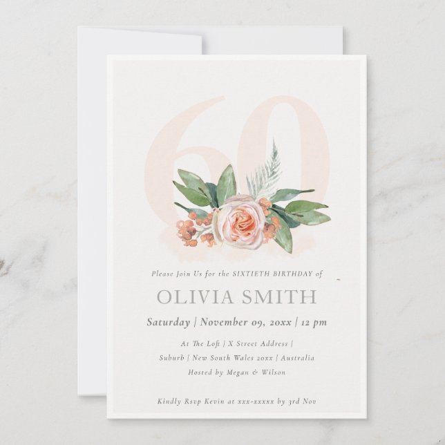 Tarjeta De Agradecimiento Pastel Peach Rosa Floral Bunch 60 Birthday Invite (Anverso)