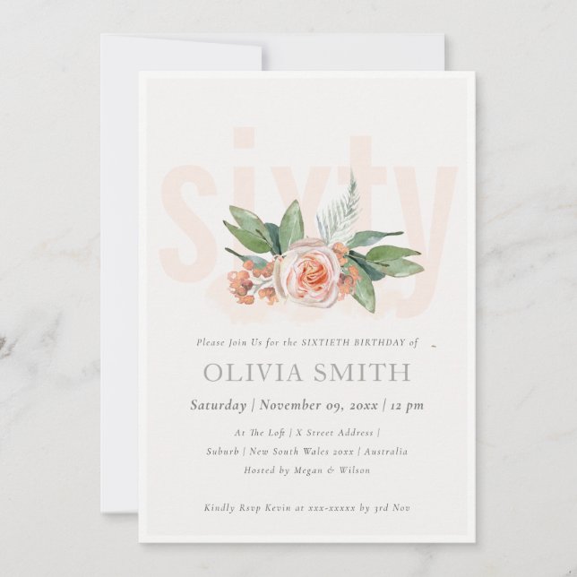 Tarjeta De Agradecimiento Pastel Peach Rosa Floral Bunch 60 Birthday Invite (Anverso)