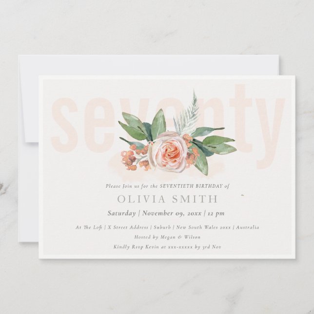 Tarjeta De Agradecimiento Pastel Peach Rosa Floral Bunch 70 Birthday Invite (Anverso)