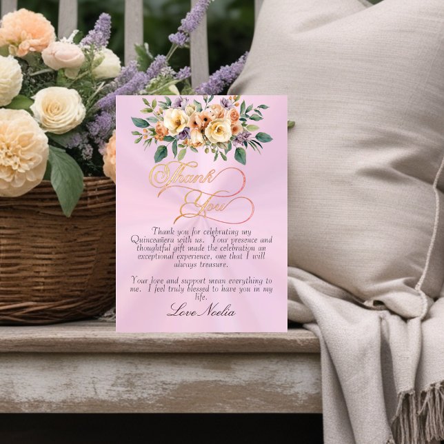 Tarjeta De Agradecimiento Pastel Pink - Floral & Silver Tiara Quinceanera (Subido por el creador)
