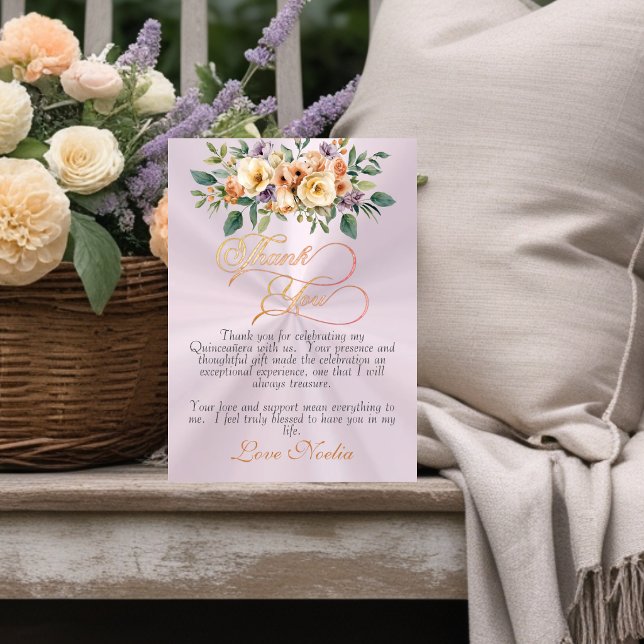 Tarjeta De Agradecimiento Pastel Pink - Floral & Silver Tiara Quinceanera (Subido por el creador)