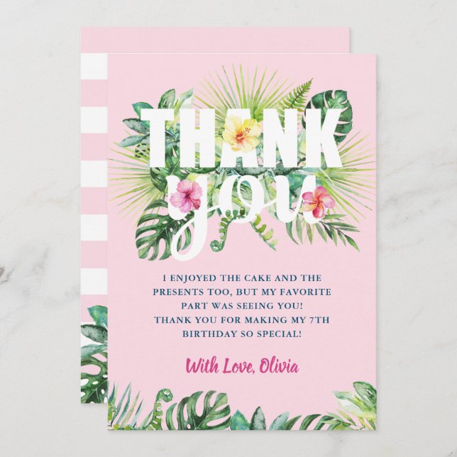 Tarjeta De Agradecimiento Pastel Pink Tropical Greeneration Floral Cumpleaño (Anverso / Reverso)