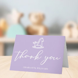 Tarjeta De Agradecimiento Pastel Purple Baby Shower Rocking Horse Personaliz