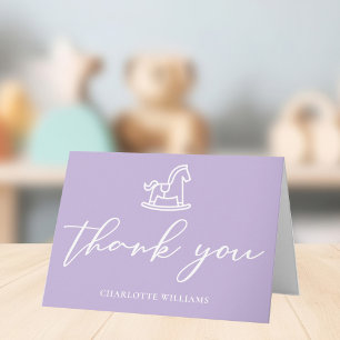 Tarjeta De Agradecimiento Pastel Purple Baby Shower Rocking Horse Personaliz