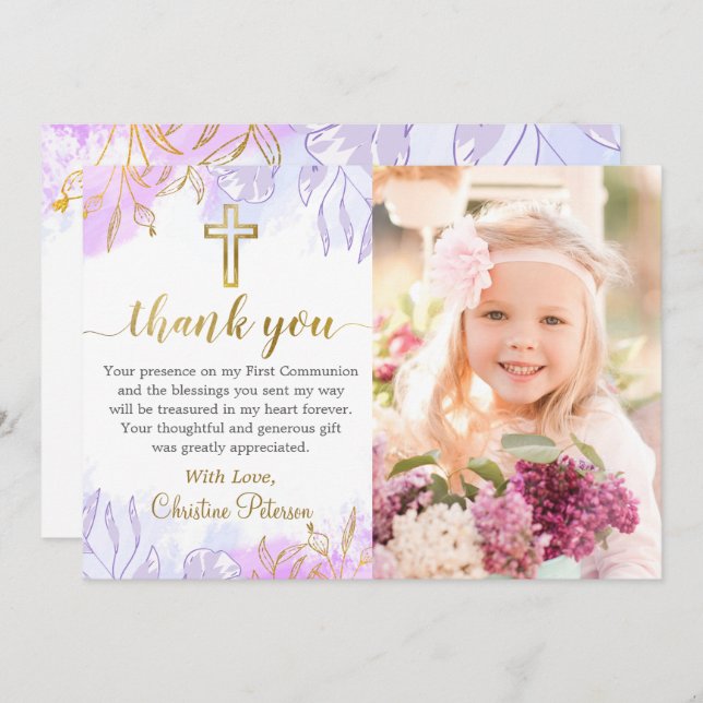 Tarjeta De Agradecimiento Pastel Purple Gold Floral Primera Comunión Foto (Anverso / Reverso)