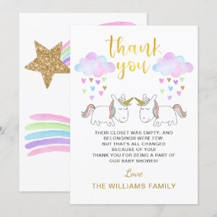Tarjeta De Agradecimiento Pastel Rainbow Unicorn Twin Baby Shower