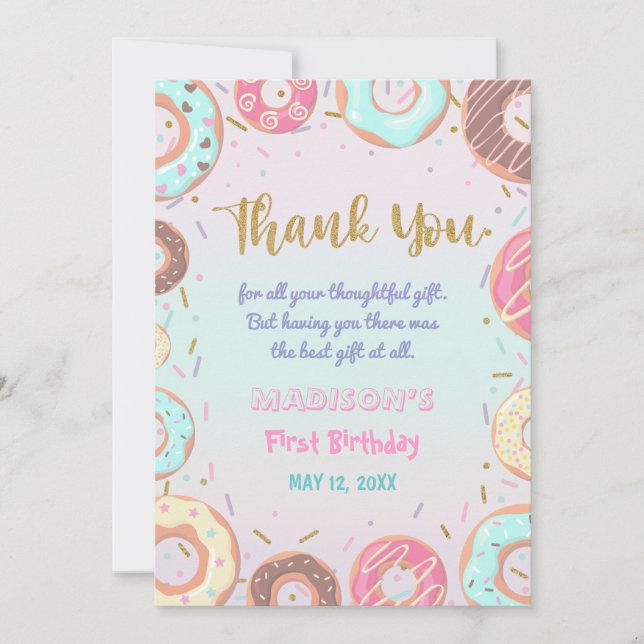 Tarjeta De Agradecimiento Pastel Rosa Donut Cumpleaños Donut Crecer Fiesta (Anverso)