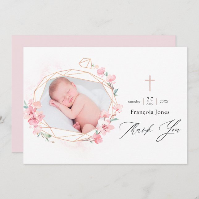 Tarjeta De Agradecimiento Pastel Rubor Comunión floral Geométrica Rosa (Anverso / Reverso)