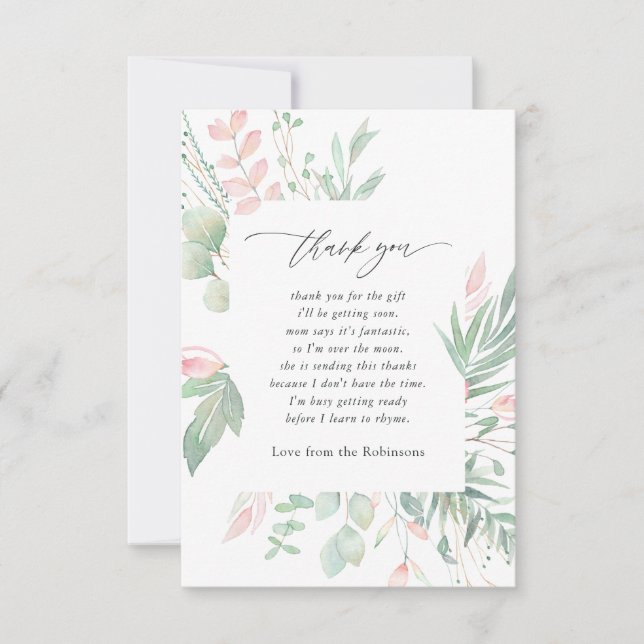 Tarjeta De Agradecimiento Pastel Rubor Greenery Baby Shower (Anverso)