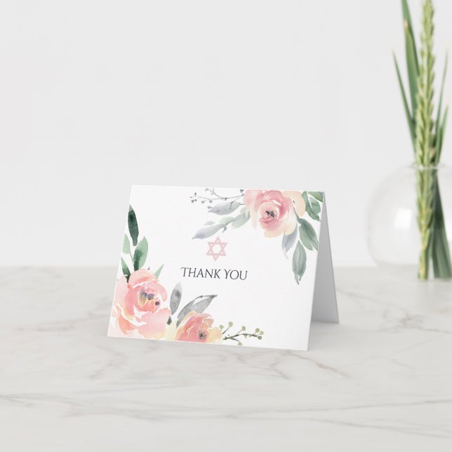 Tarjeta De Agradecimiento Pastel Rubor Pink Floral Bat Mitzvah Gracias Coche (Anverso)