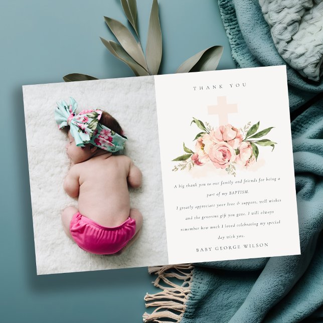 Tarjeta De Agradecimiento Pastel Soft Peach Rosa Floral Cross Photo Baptism (Subido por el creador)