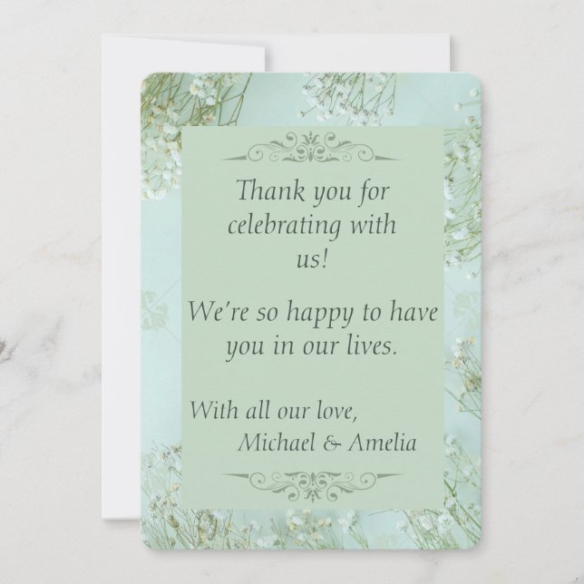 Tarjeta De Agradecimiento Pastel Verde azulado Flores Blancas Boda Gracias T (Anverso)