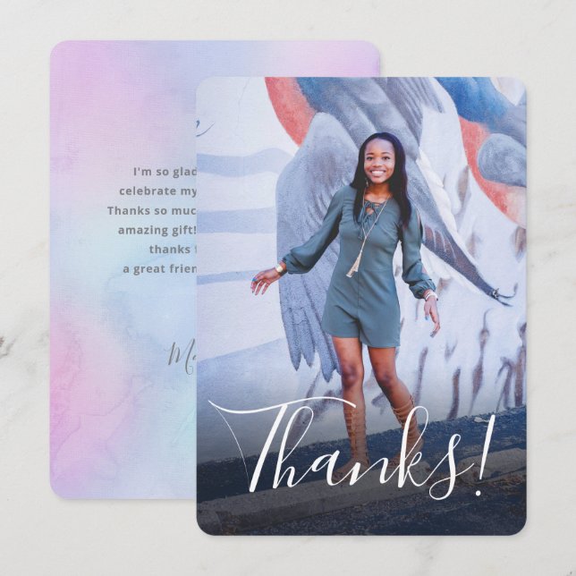 Tarjeta De Agradecimiento Pastel Watercolor Back Full Photo Purple (Anverso / Reverso)