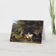 Pastor y rebaño de vacas en el estanque