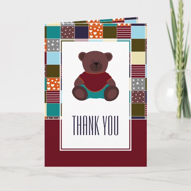 Tarjeta De Agradecimiento Patchwork Teddy Bear, Baby Shower Gracias (Anverso)