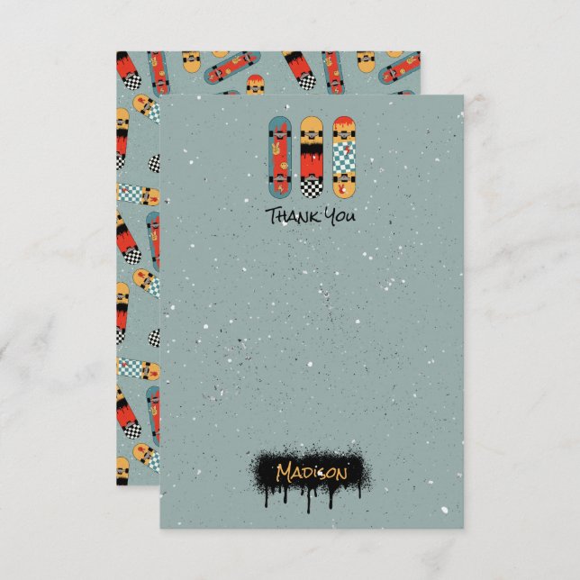 Tarjeta De Agradecimiento Patineta Retro Azul Genial Nombre Personalizado Ni (Anverso / Reverso)