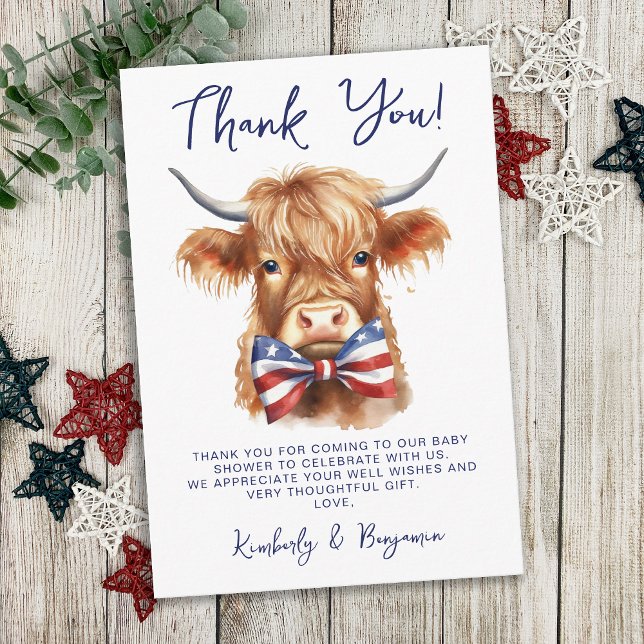 Tarjeta De Agradecimiento Patriotic Highland Cow Farm Animal Baby Shower (Subido por el creador)