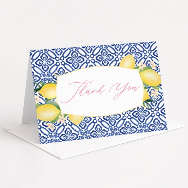 Tarjeta De Agradecimiento Patrón de baldosas blancas y azules de acuarela it (Lemons blue tiles bridal shower thank you card)