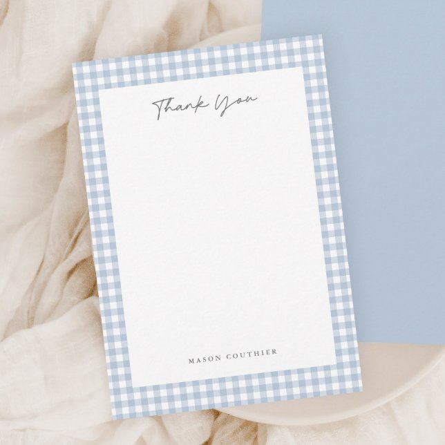 Tarjeta De Agradecimiento Patrón de cuadros azules (Blue gingham thank you note cards.)