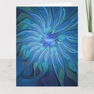 Tarjeta De Agradecimiento Patrón de fantasía de flor azul, arte fractal abst