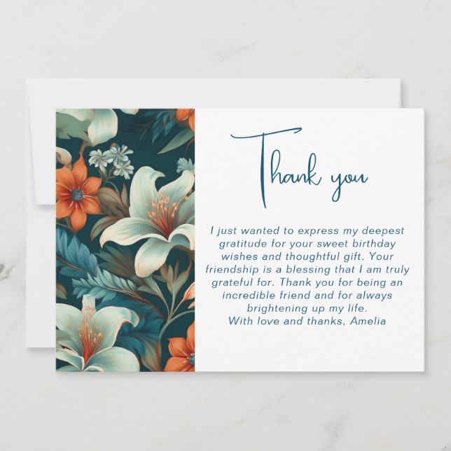 Tarjeta De Agradecimiento Patrón de flores elegante Cumpleaños  (Anverso)