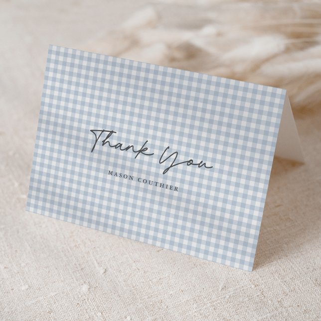 Tarjeta De Agradecimiento Patrón de Gingham Azul Script Doble  (Blue Gingham Check Baby Boys Folded Photo Thank You Note Cards.)